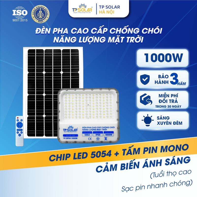  Đèn Pha Chống Chói Năng Lượng Mặt Trời 1000W Chiếu Sáng Xuyên Đêm Chống Nước Led Mắt Ngọc Cao Cấp 5054 Pin Mono Cảm Biến Ánh Sáng Vỏ Nhôm Đúc Chính Hãng TP Solar TP.DP04.1000 