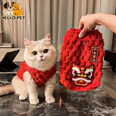 Quần áo cho chó, Bộ đồ năm mới Trung Quốc màu đỏ lớn, Váy yếm cho mèo lót lông cừu, Teddy Bear, Thích hợp cho chó và chó Nhỏ Quần áo năm mới, 2025