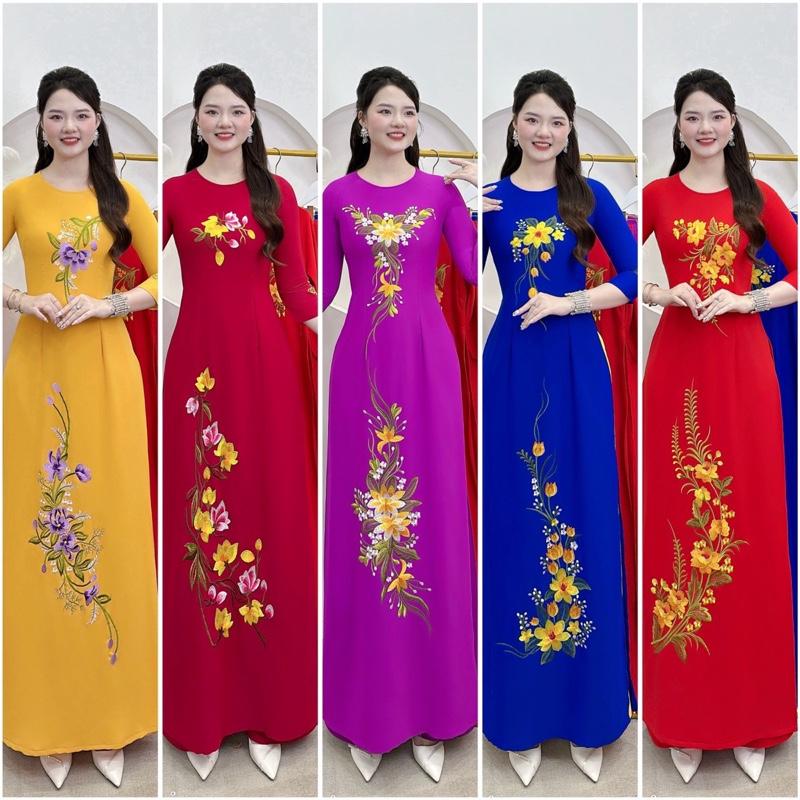 H5 Áo Dài Tặng Mẹ Thêu Hoa Lắc Tay Duyên Dáng Thanh Lịch. Vải Lụa Mỹ Women Nữ Dress Sen Nhung Hoa Sen áodài các Đỏ