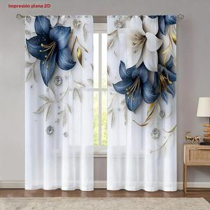 Set de Cortinas de Lirio Azul Elegante (2 Piezas), Diseño de Bolsillo para Barra, Cortinas de Privacidad con Impresión Digital, Fáciles de Colgar, Poliéster Semitransparente