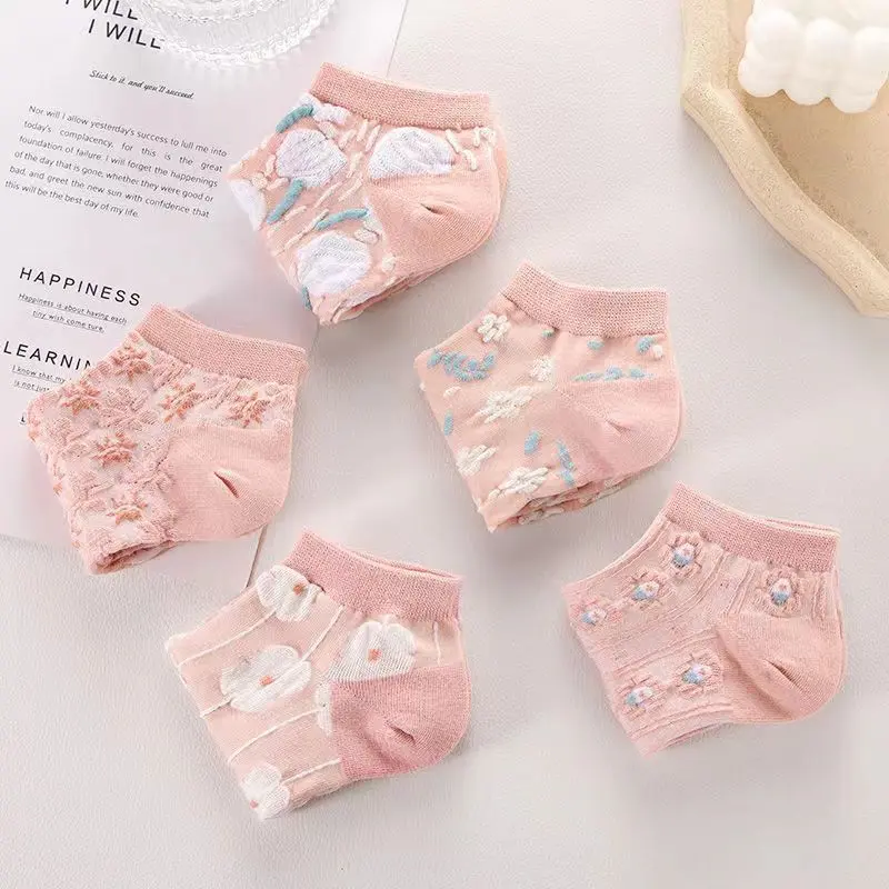 Kaos Kaki Wanita Korean Fashion Motif Flower Warna Pink Semata Kaki - KK1434 Ankle 2
