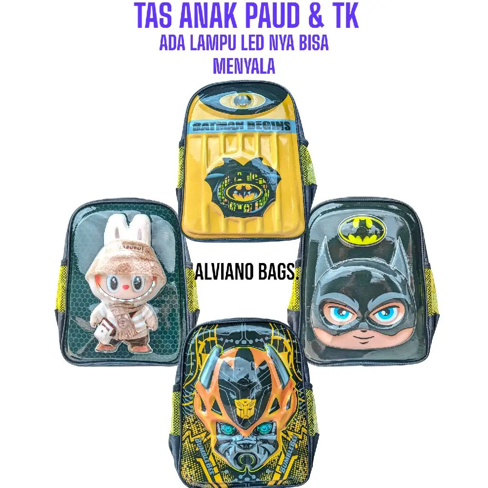 TAS SEKOLAH ANAK PAUD DAN TK KARAKTER LABUBU BATMAN ADA LAMPU LED NYA MENYALA TAS ANAK RANSEL FASHION