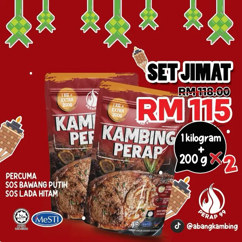 2 pek Kambing Perap99 1 Kg + EXTRA 200g (sos cicah bawang putih & lada hitam)+ Gabus Ais