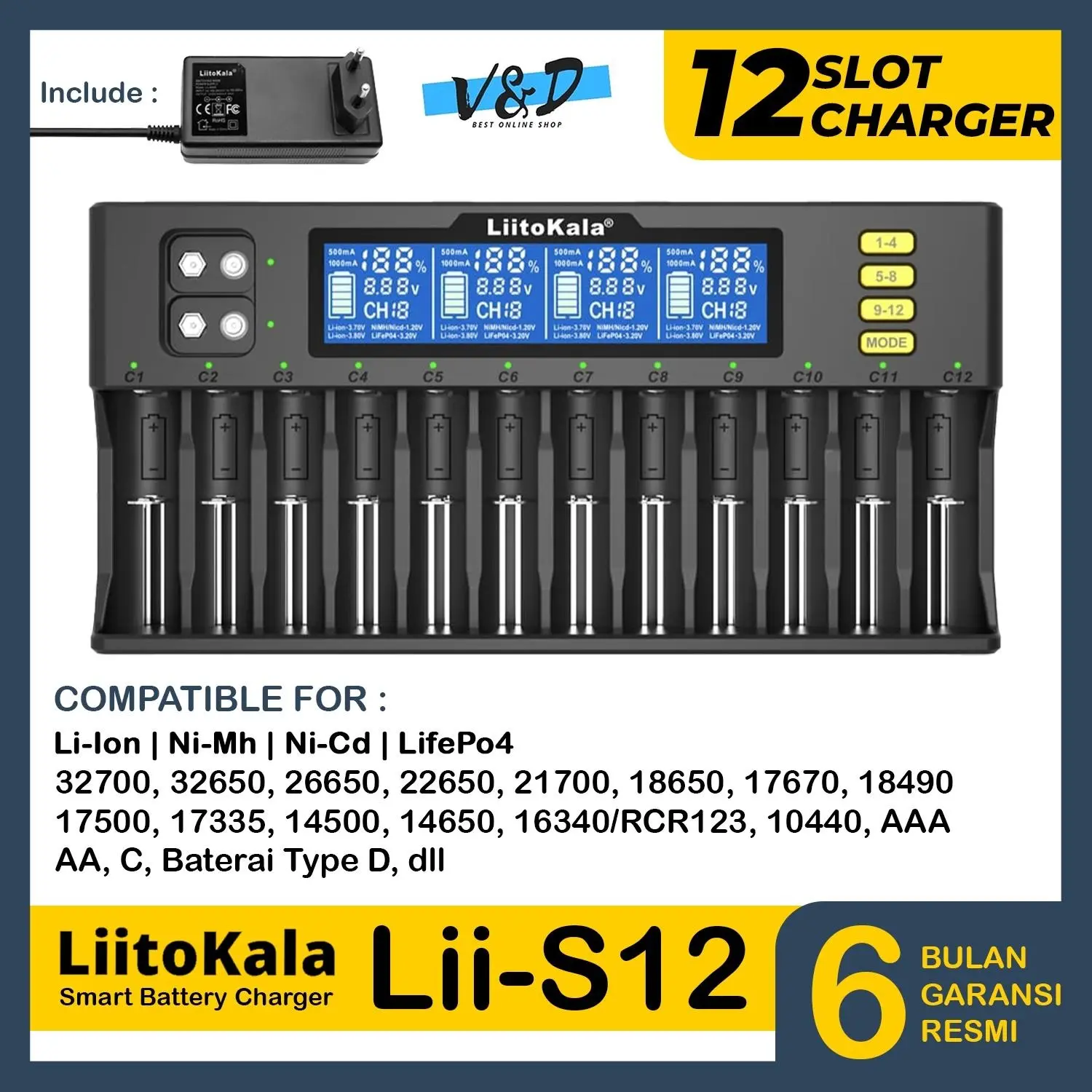 Charger Baterai LiitoKala Lii S12 Original Fullset Charger baterai 12 Slot Baterai AA AAA Li ion 3,7v 18650 21700 Lifepo4 32700