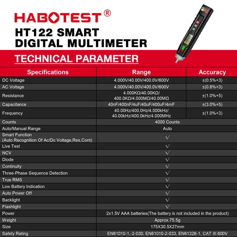 HABOTEST-Đồng Hồ Vạn Năng Loại Bút Kỹ Thuật Số HT122, Máy Kiểm Tra Điện Áp Xoay Chiều DC, Đồng Hồ Vạn Năng Thông Minh, Trình Tự Pha NCV, Đồng Hồ Vạn Năng Phạm Vi Tự Động 1