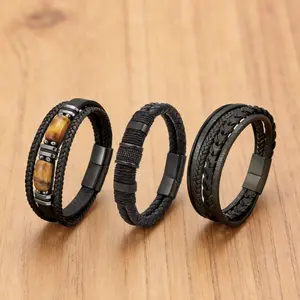 Gelang Kulit Asli Pria yang Stylish Gelang Baja Titanium Hitam Gelang Batu Mata Harimau