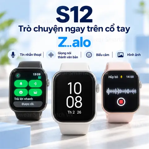 Đồng hồ thông minh S12 nghe gọi Zalo, gọi điện Bluetooth, trả lời tin nhắn bằng giọng nói, gửi hình ảnh và biểu cảm, màn hình 2.06 inch, theo dõi nhịp tim