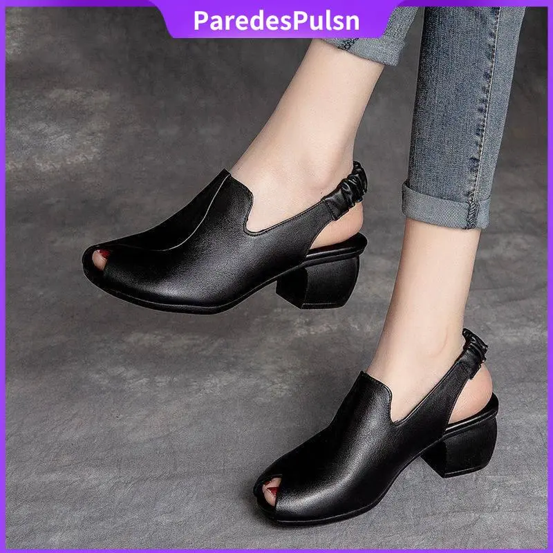 SS24 sandal korean style  Sandal Wanita, Tumit Blok, Rekaan Mulut Ikan, Ketinggian Bertambah, Berongga, Bernafas, Selesa, Tidak Licin, Gaya Retro dan Elegan, Mudah dan Kasual, Fesyen, Serba guna, Gaya Baru
