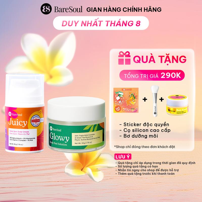 Combo Peel da tẩy tế bào chết AHA 25% BareSoul Glowy Body Peel 50g và kem dưỡng Juicy 50g với Alpha Aburtin, Niacinamide giúp làm sáng, giảm thâm mông, nách, bẹn, đầu gối, khuỷu tay