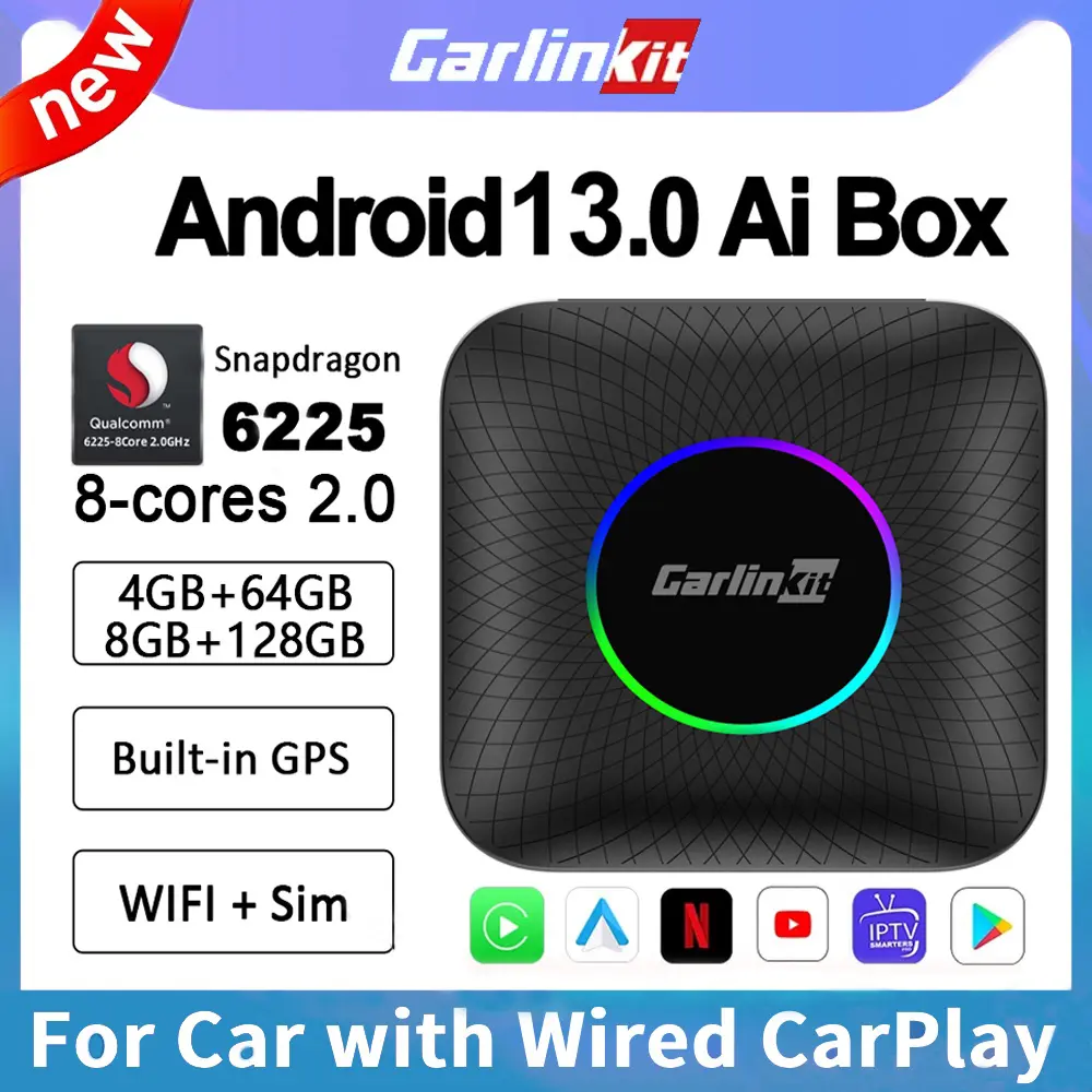 Carlinkit CarPlay AI Box Plus Android 13 8+128GB QCM 8-Core 6225 Wireless CarPlay Android Auto GPS 4G LTE