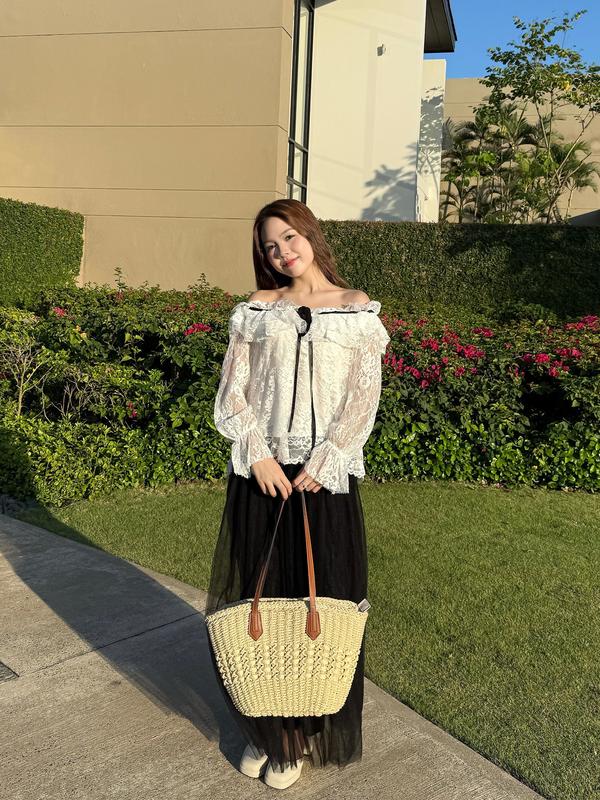 Set áo ren trễ vai bèo kèm dây cột nơ đính hoa sứ chân váy lưới lưng chun ảnh thật sẵn