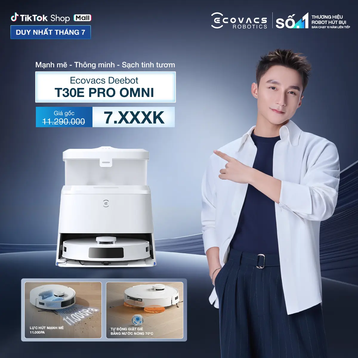Ecovacs Deebot T30e Pro Omni Robot hút bụi lau nhà | Lực hút 11.000Pa | Pin 5200mAh |Tự động giặt giẻ bằng nước nóng
