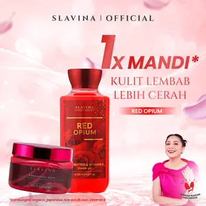 SLAVINA Bundle 2IN1 Red Opium (Body Scrub + Shower Gel) by Nagita Slavina – Sabun Mandi Parfum Bold, Lulur Brightening, Body Care Kulit Halus & Fresh