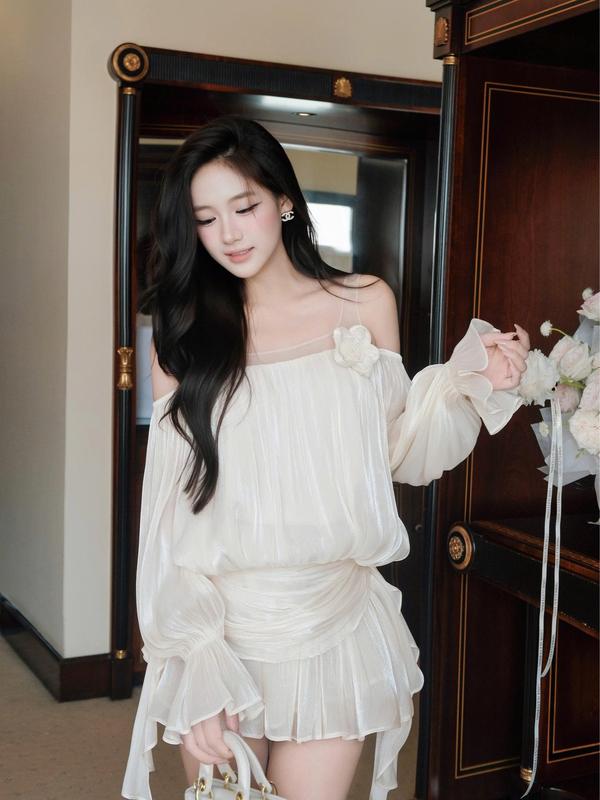 Set đầm lụa gân bồng bềnh phối dây vai lưới phong cách nữ tính bay bổng KS654