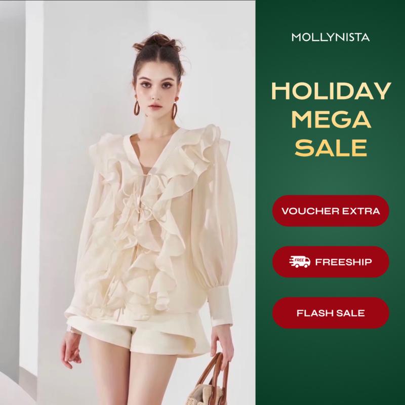 Áo thiết kế kem organza tơ bèo tay dài freesize MOLLYNISTA thanh lịch nữ tính cao cấp