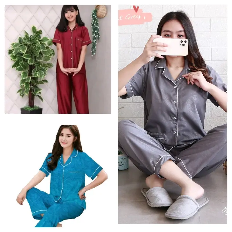 Paket Usaha 100 Ribu Dapat 3 Setel Piyama Baju Tidur Dewasa Nyaman Cantik Motif Panjang one Pendek Satin Setelan Embos Merah 2