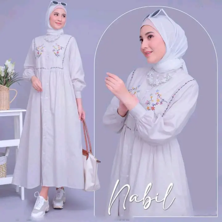 [COD] NABIL MIDI DRESS MOTIF BORDIR TERBARU BAHAN POLO LINEN DREES WANITA REMAJA MUSLIMAH KEKINIAN PUTIH Gamis Katun Dewasa