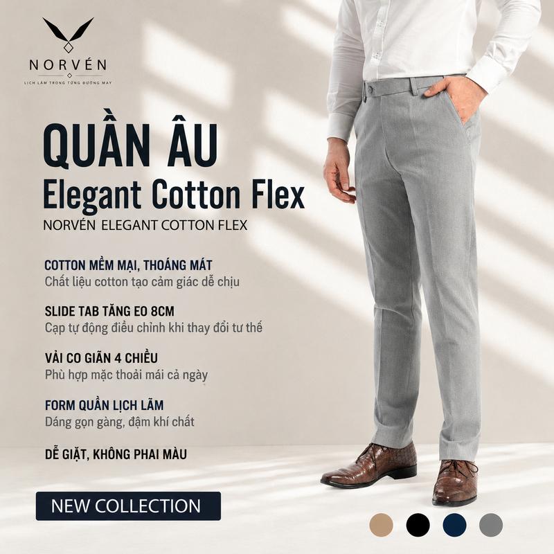 NORVÉN Elegant Cotton Flex – Quần Âu Nam Cao Cấp, Cạp Tăng Eo, Kiểu Dáng Hiện Đại, Co Giãn 4 Chiều