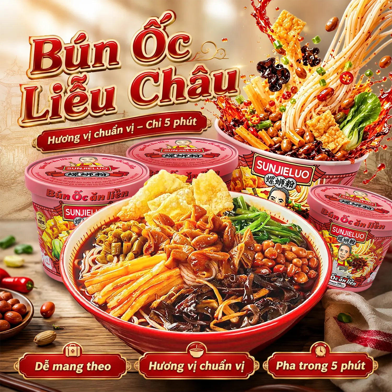 Bún Ốc Liễu Châu SunJieLuo Chính Hãng - 320g, Công Thức 36 Năm, Đậm Đà Vị Xưa