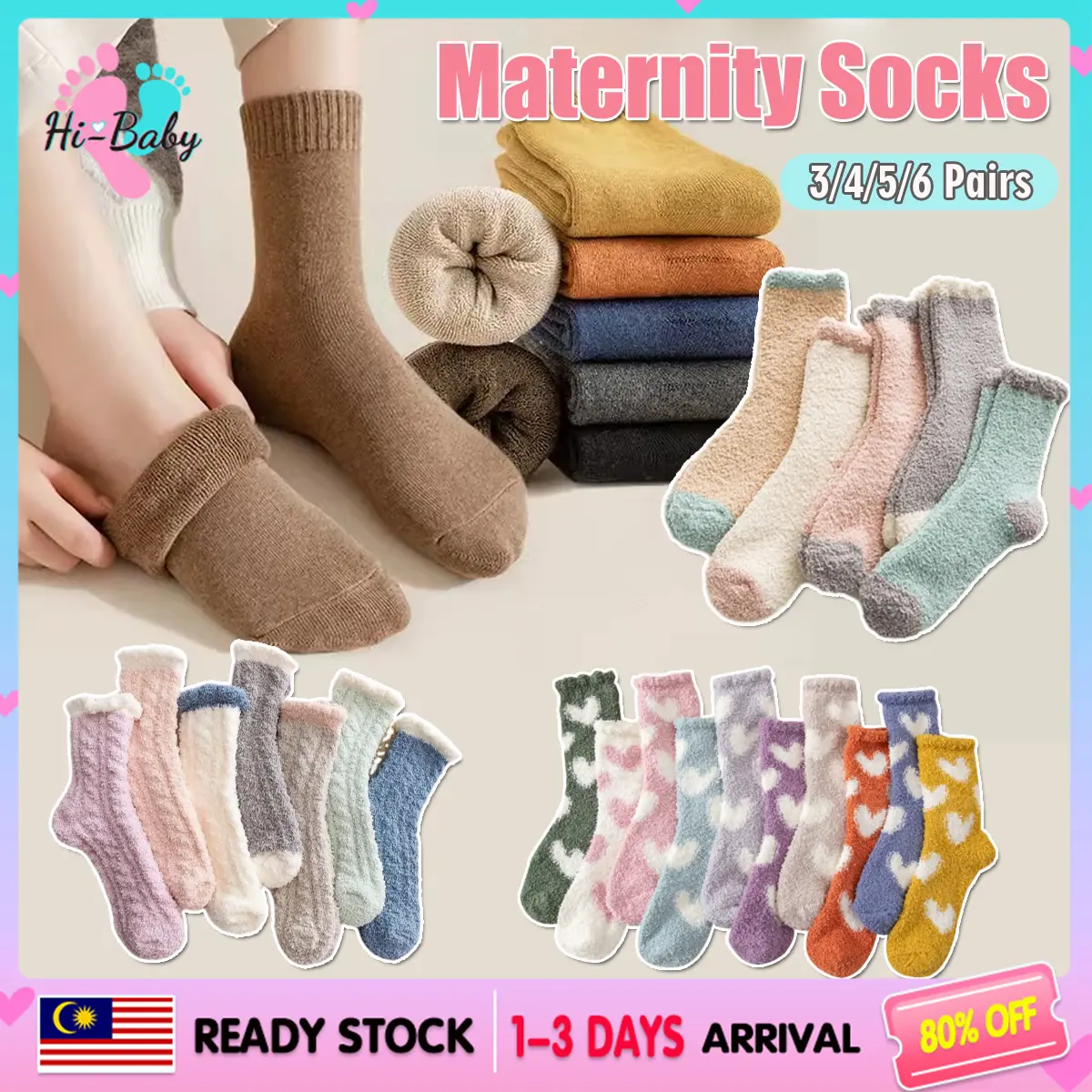 3/4/5/6/7Pcs Combin Set Maternity Socks Stoking Terapi Stoking Pantang Fluffy Sock Ibu Stokin Tebal Ibu Mengandung