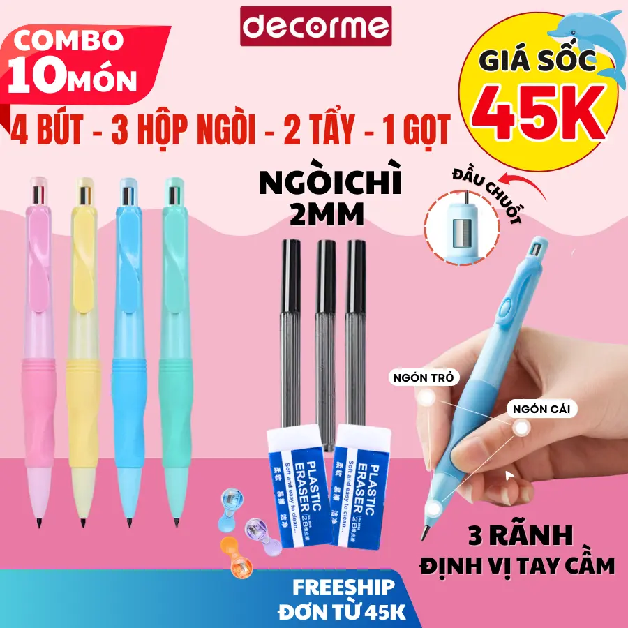 [Tặng Quà] Bút Chì Cá Heo Tập Viết Cho Bé Lớp 1 Bút Chì Bấm 2B Ngòi To 2.0Mm Decorme Giúp Bé Cầm Bút Đúng Tư Thế, Viết Lâu Không Đau, Không Mỏi Tay Đồ Dùng Học Tập Văn Phòng Phẩm