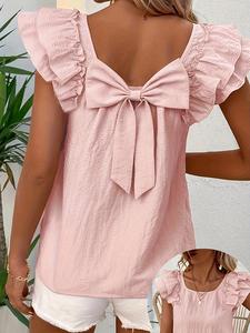 Women's Sweet Solid Color Textured Back Bow Ruffle Shirt, Casual Fly Sleeve Square Neck Top, Summer Daily Wear & Vacation
