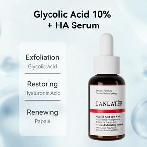 LANLATÉR Serum Asid Glykolik 10% + HA untuk Ekfoliasi Mengembalikan & Menghidrasi Kulit dengan Glycolic Acid 10% dan Hyaluronic Acid nada kulit yang tidak sekata serum & esen nature