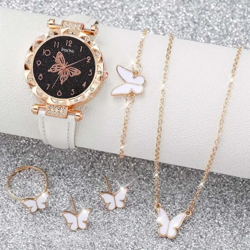 5PCS Jam Tangan Kuarsa Wanita Bergaya Berlian Berlian Kupu-kupu Dial PU Tali Kulit  Quartz Watches Kaca Set Perhiasan Kupu-kupu Gratis (Tanpa Kotak) 4