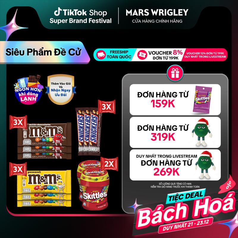  Combo Kẹo socola Snickers 35g lốc 3 thanh Combo 6 gói kẹo sô cô la sữa & sô cô la đậu phộng M&M's 37g  37gx3 + 37gx3  và Combo 2 hũ Kẹo Skittles Hương Trái Cây hũ 100g Viên kẹo trái cây 