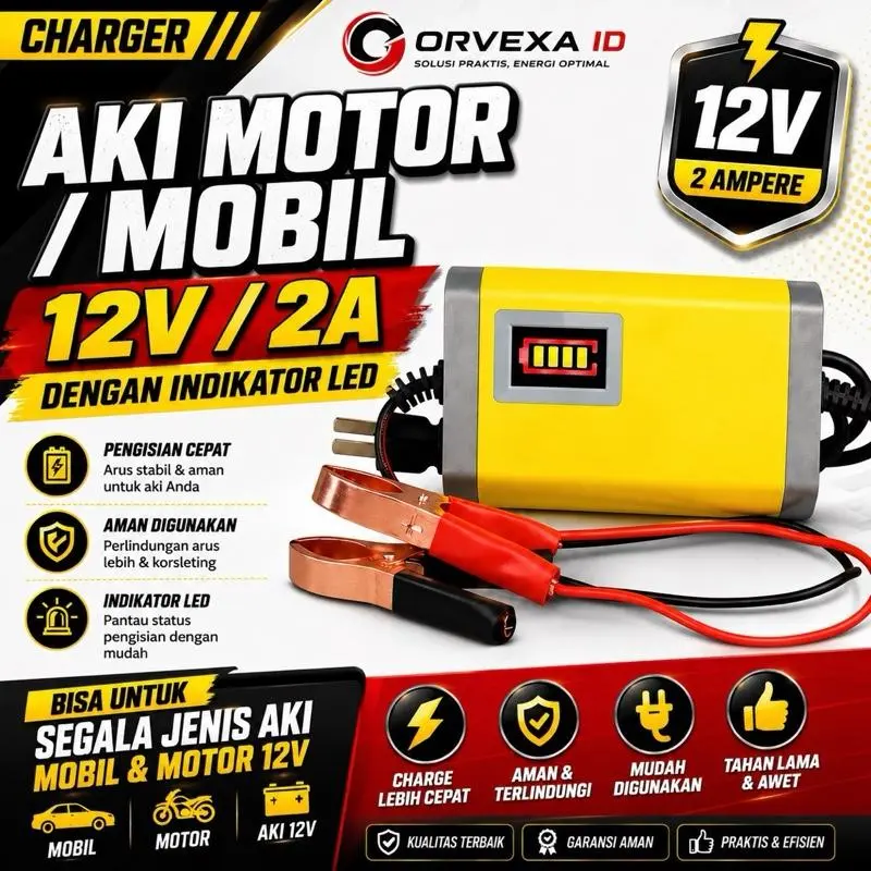 Charger Aki Mobil & Motor 12V 2A Otomatis – Pengisi Daya Aki Cepat dengan Indikator LED untuk Semua Jenis Aki 12V Car Motorcycle