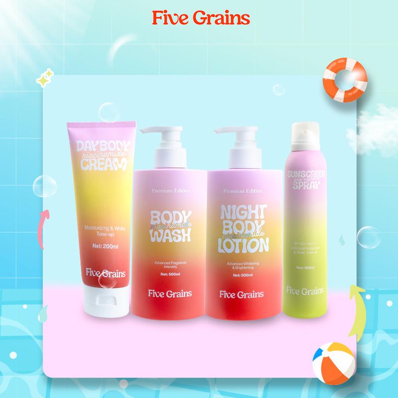 [A] Combo giúp sáng da, tái tạo và bảo vệ toàn diện Niacinamide, Alpha-Arbutin Five Grains(Sữa tắm 500ML & Kem dưỡng ban ngày 200ML & Kem dưỡng ban đêm 500ML & Xịt chống nắng 160ML)