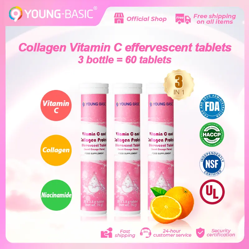 9YOUNG-BASIC FDA certified collagen and vitamin C effervescent tablets 3 bottle, total 3.8g x 60 tablets, 1 tablet contains collagen 38mg，vitamin C 7.6mg，nicotinamide 2mg, Supplement collagen, vitamin C and nicotinamide | Scientific proportion | Easy abso