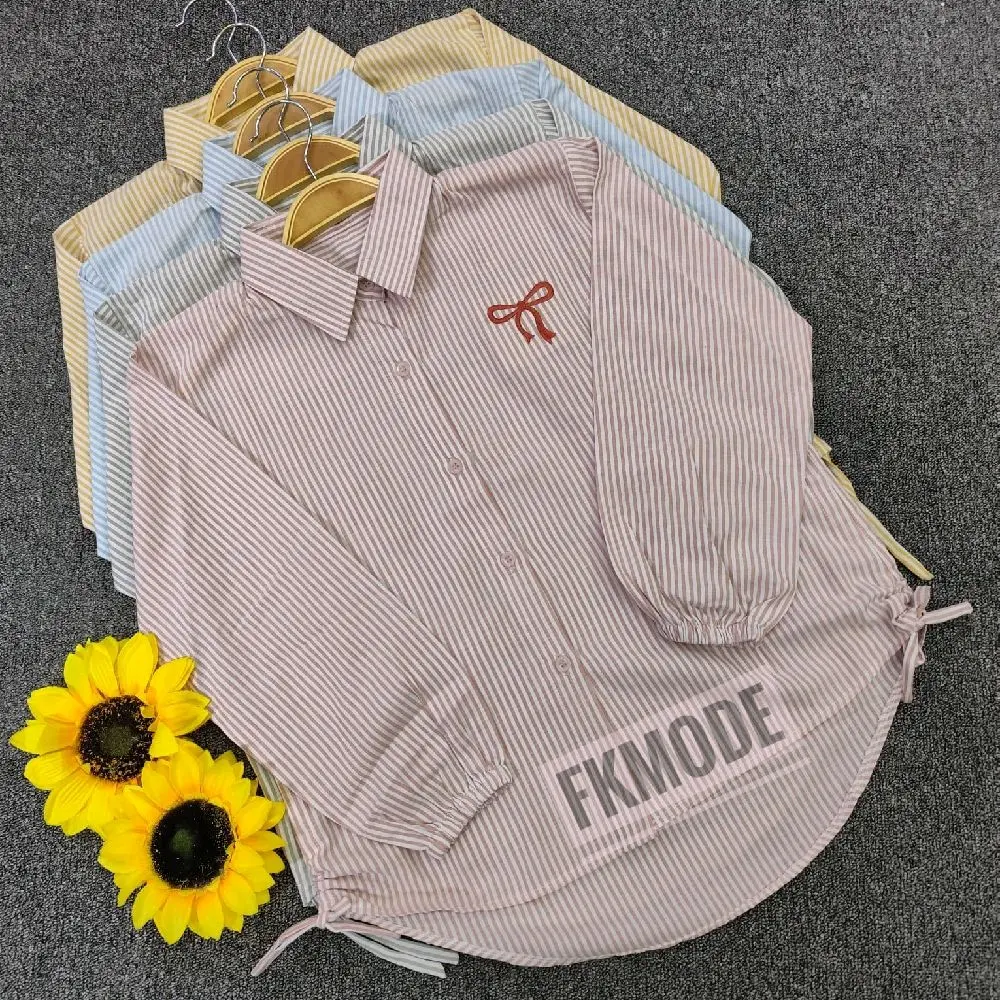 KEMEJA ANAK KATUN MOTIF SALUR, ATASAN  ANAK SALUR AKSEN PITA FASHION ANAK CEWEK