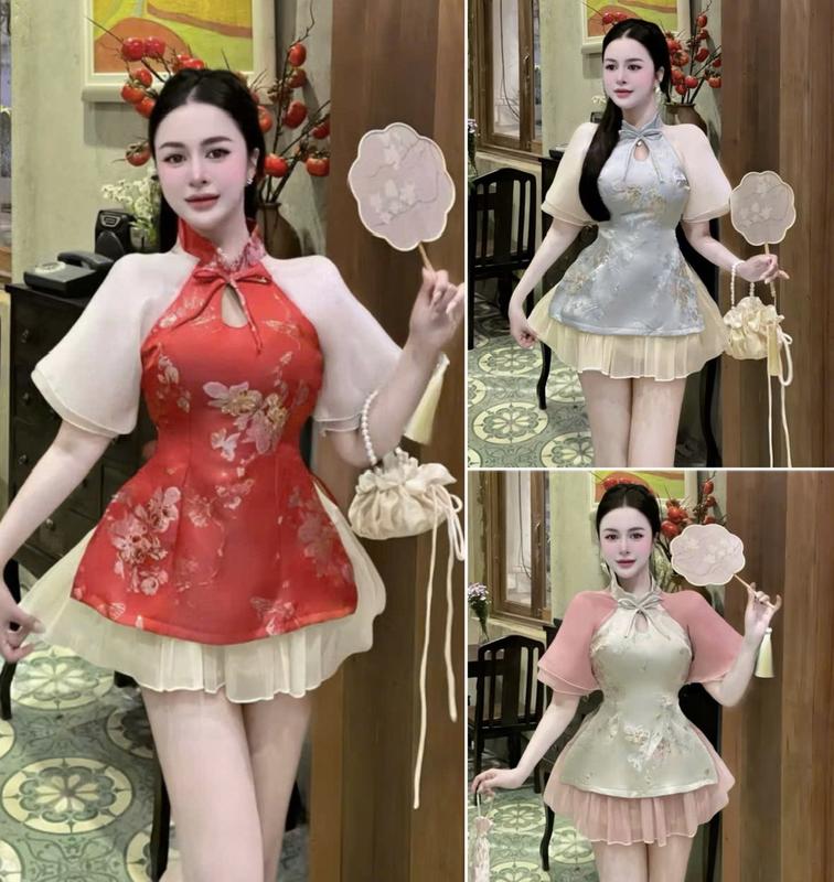  Sét áo cách tân mặc tết chất gấm hoa phối tay voan tơ cổ tàu đính nơ kèm chân váy tơ ngắn dễ thương xinh xắn 