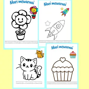 LEMBAR MEWARNAI UNTUK ANAK ISI 50 GAMBAR MIX TEMA DISERTAI CONTOH DAN KATA