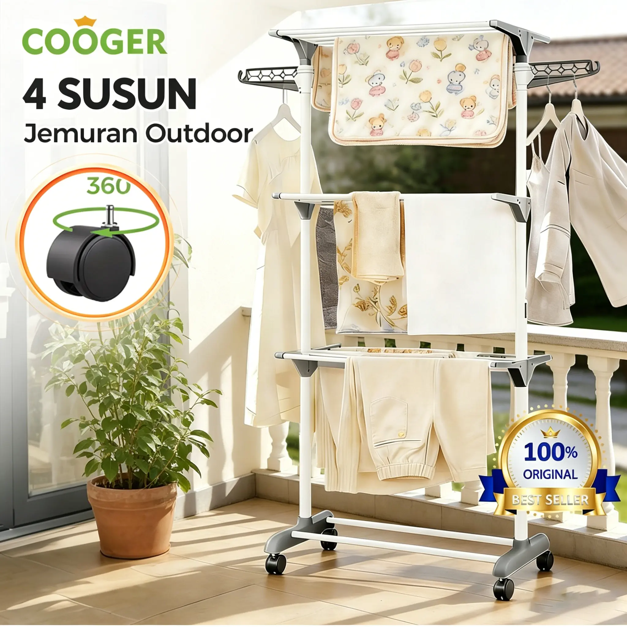 [COD] COOGER Rak Jemuran Aluminium untuk Handuk Baju 4 Susun Besi Pakaian Pipa Jemuran Besi Pakaian Tempat Jemuran Pakaian Rak Jemuran Towel Gantungan Baju Praktis Portable Stainless Plastik Sepatu