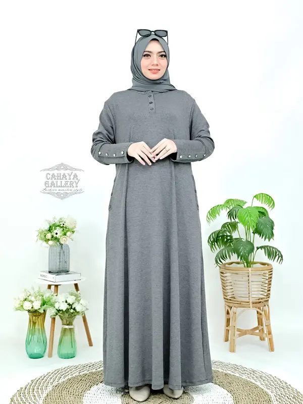 Cahaya Gallery  - Keyra Dress Batwing Button Knit Premium - Maxi Dress Kekinian Muslim Panjang Dewasa Wanita Kondangan Casual Hitam Gamis Pesta Remaja Mewah Lebaran 3
