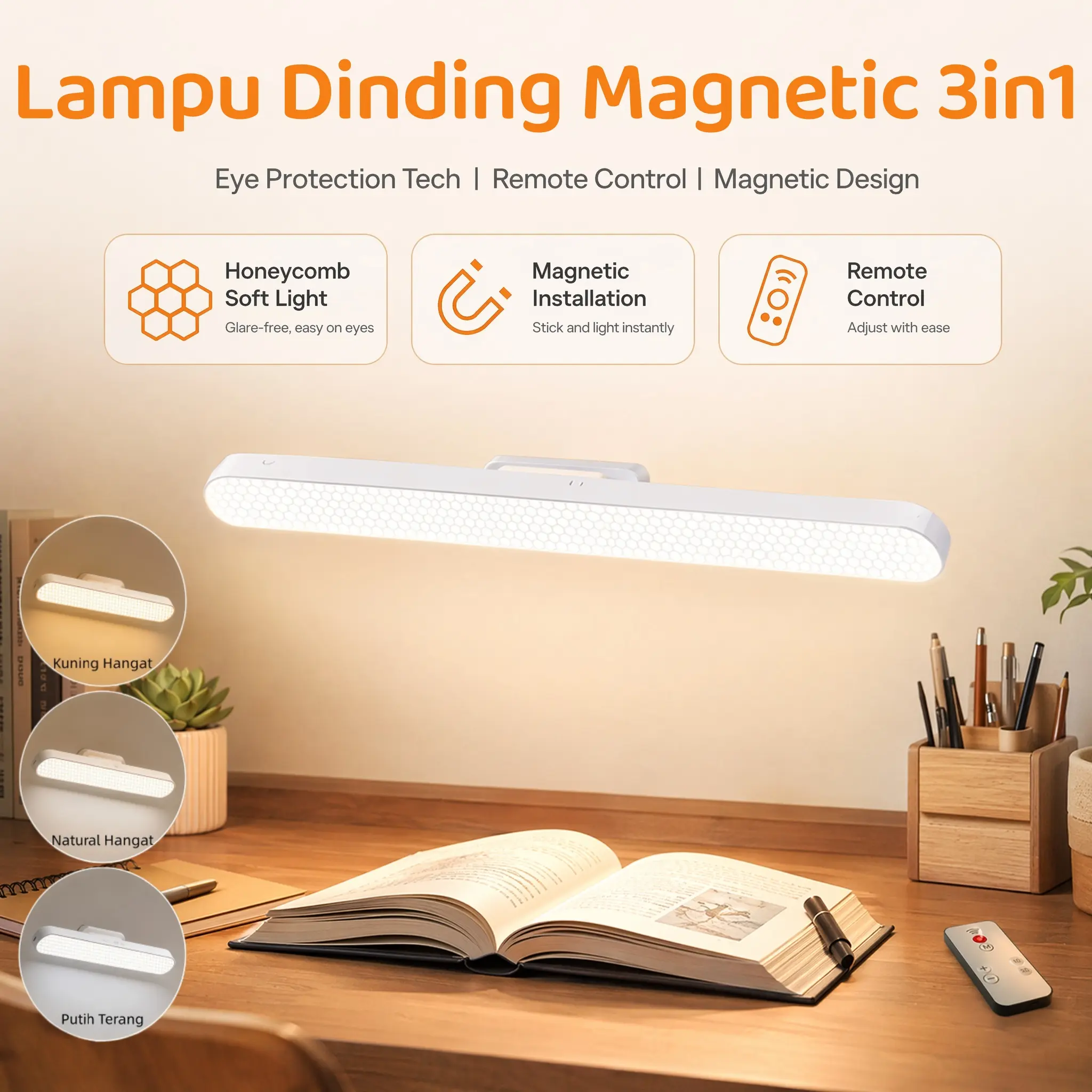 Lampu Tidur LED Light Bar Sensor Magnetic Portable Rechargable USB 3 Color with Remote Control