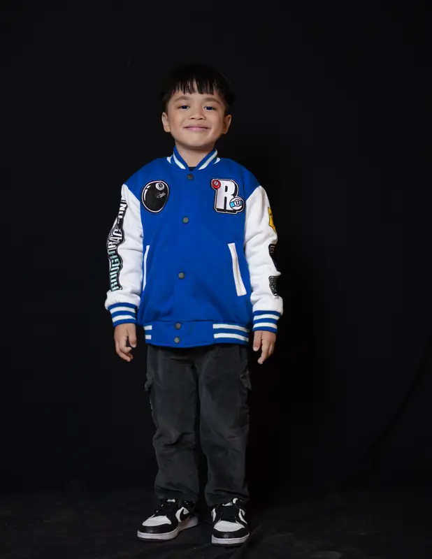 jaket varsity / baseball anak biru full Bordir billiard Motif Fashion 1