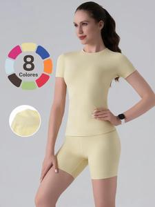 Conjunto de dos piezas para mujer con camiseta de cuello redondo y shorts de ciclista de cintura alta, camiseta de cuello redondo y shorts ajustados, para uso interior y exterior