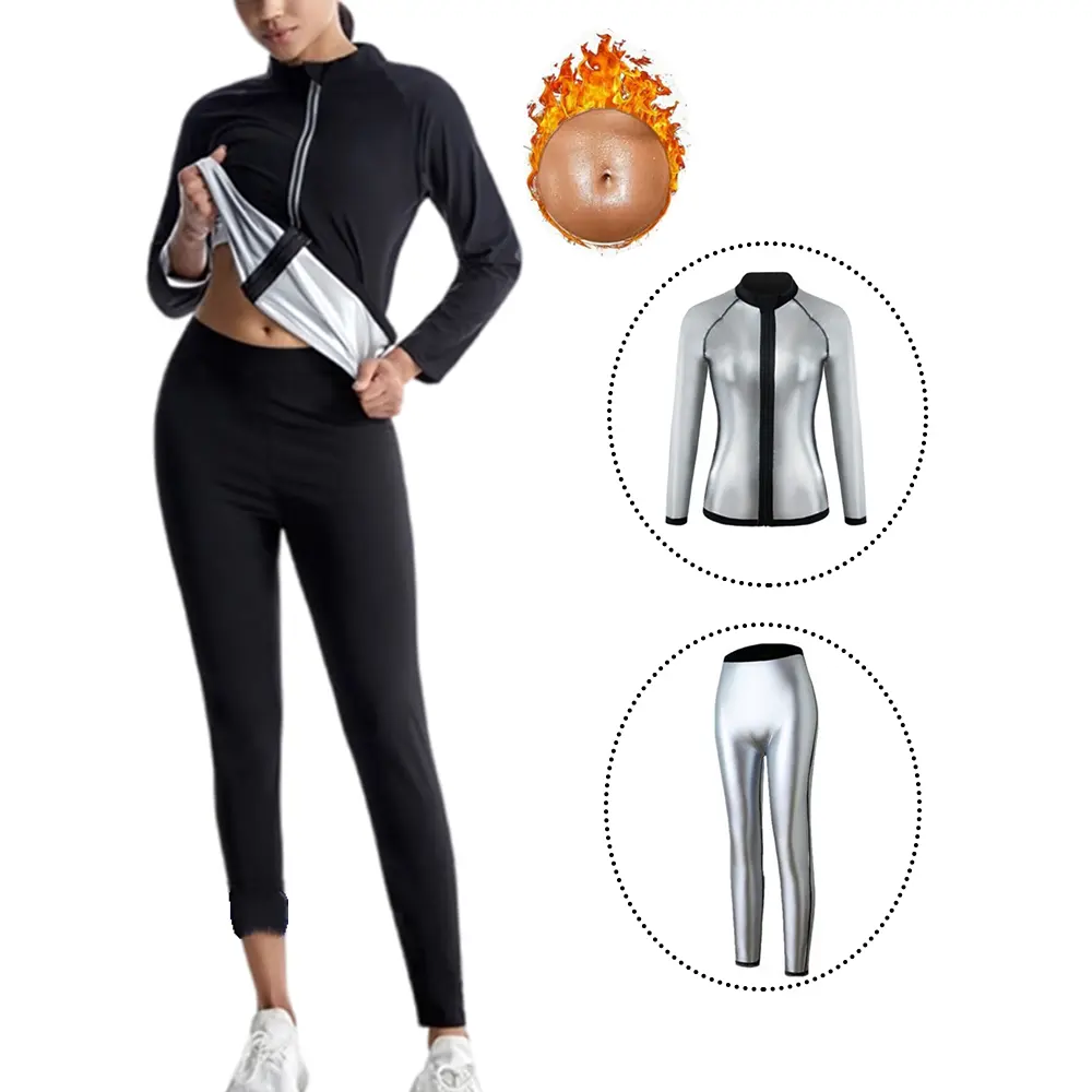 Bộ Đồ Xông Hơi, 2 Món, Dành Cho Nữ, Bộ Đồ Mồ Hôi, Áo Sơ Mi Có Khóa Kéo Dài Tay, Quần Legging Cạp Cao, Thoải Mái Và Hiệu Suất, Thích Hợp Để Tập Luyện,