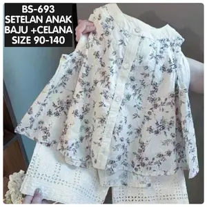 (LOLI-JKT) BS- 693 SETELAN ANAK FULL CREAM BORDIR CORAK HITAM KANCING DEPAN SIZE 90-140