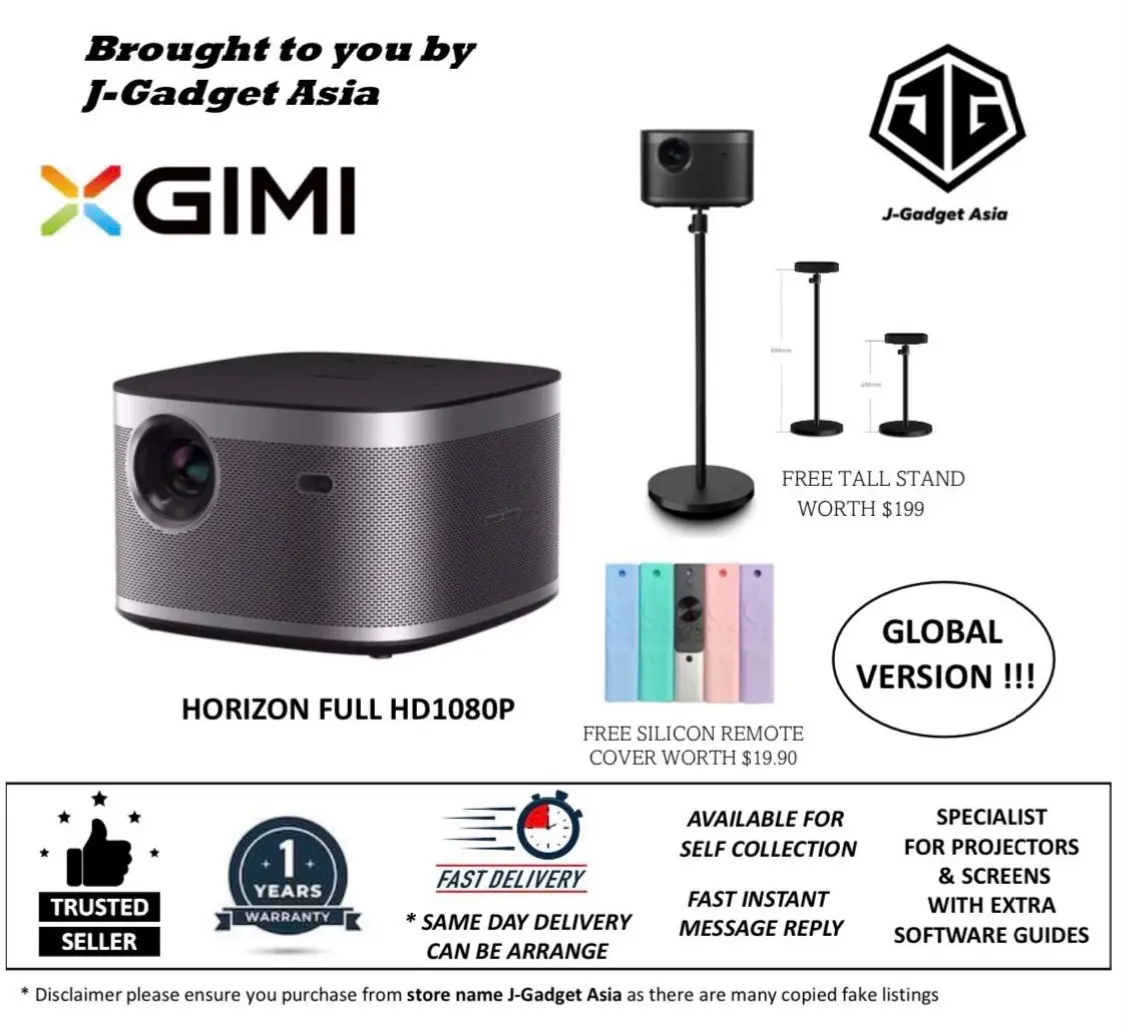 XGIMI Horizon FHD Smart Projector c/w Free Tall Stand & Silicone Remote Cover - Global Version (1 Year Local Warranty) - 2200 ANSI Lumens, Harman Kardon Speakers, Android TV 10, Auto Focus, Auto Keystone Correction, Auto Object Avoidance, WiFi Bluetooth