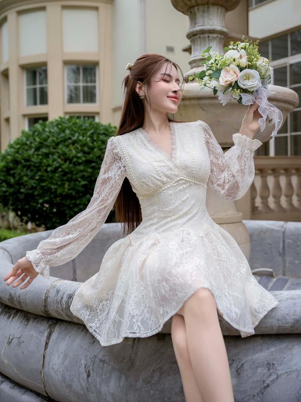   Kiều Linh -Váy Dự Tiệc Thiết Kế Dáng Ngắn KL673 chất liệu Ren Hoa Thêu phối Viền Ren Chân Váy XInh Cổ V 2 Lớp Lót Giấu Đường May Kĩ 