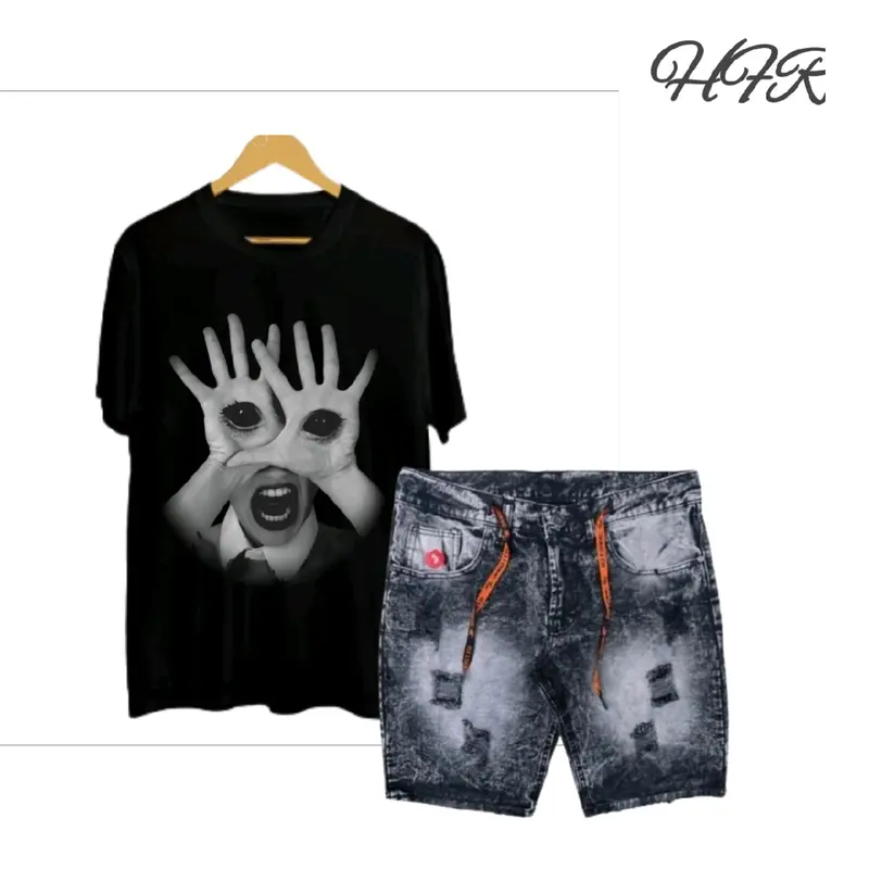 Setelan kaos distro motif mata dan celana jeans sobek pendek dewasa 3