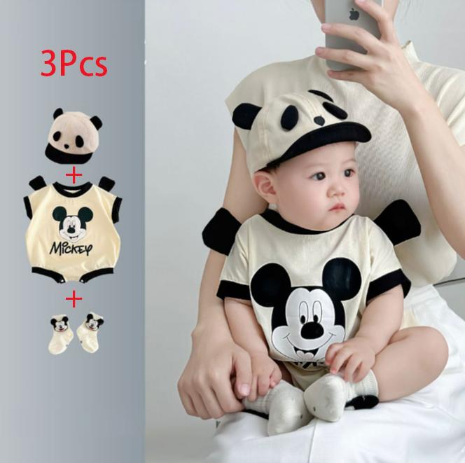 Quần Áo Trẻ Sơ Sinh Chuột Dễ Thương, Bộ 3 Chiếc, Áo Jumpsuit Quần Cho Bé Trai, Ngắn Tay, In Hình Hoạt Hình, Thích Hợp Cho Mùa Hè, Thời Trang, 0-24 Tháng
