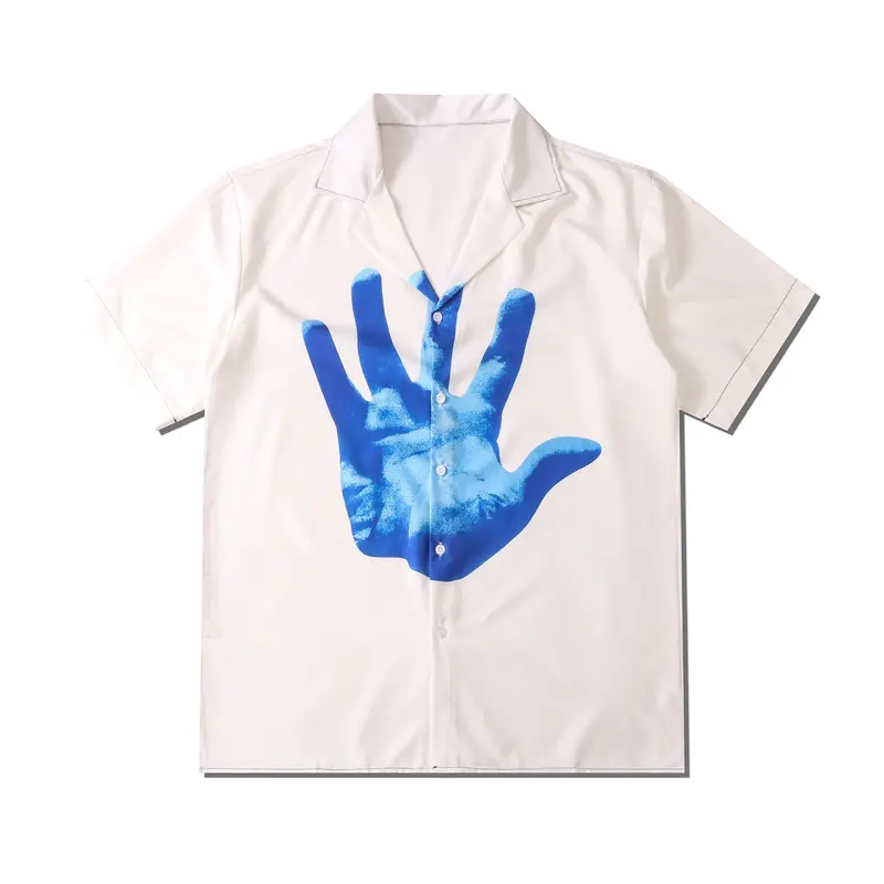 Fashion New Summer Men and Women Blue Handprint Print Hawaiian White Shirt Street Personality Clothes Loose Short Sleeve Casual Party Beach Shirts Kaos Pendek Pria Dark 2