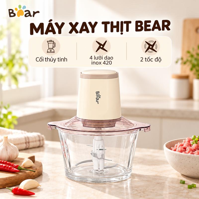 Máy xay thịt Bear đa năng với cối thủy tinh trong suốt, hệ thống 4 lưỡi dao inox 420 sắc bén, 2 tốc độ tùy chỉnh, xay nhanh thịt, rau củ, tỏi ớt và thực phẩm gia đình, thiết kế nhỏ gọn, dễ tháo lắp và vệ sinh