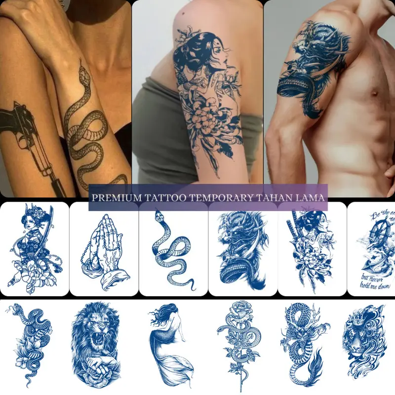 Premium Tattoo Temporary Tahan Lama 15 Hari Tato Temporer Semi Permanen 11x18 Cm Anti Air Cowo Cewe Keren Lengan Tangan Dada Kaki Motif Naga Jangkar Geisha Tulisan Minimalis Tato Kecil Waterproof Tatoo 0