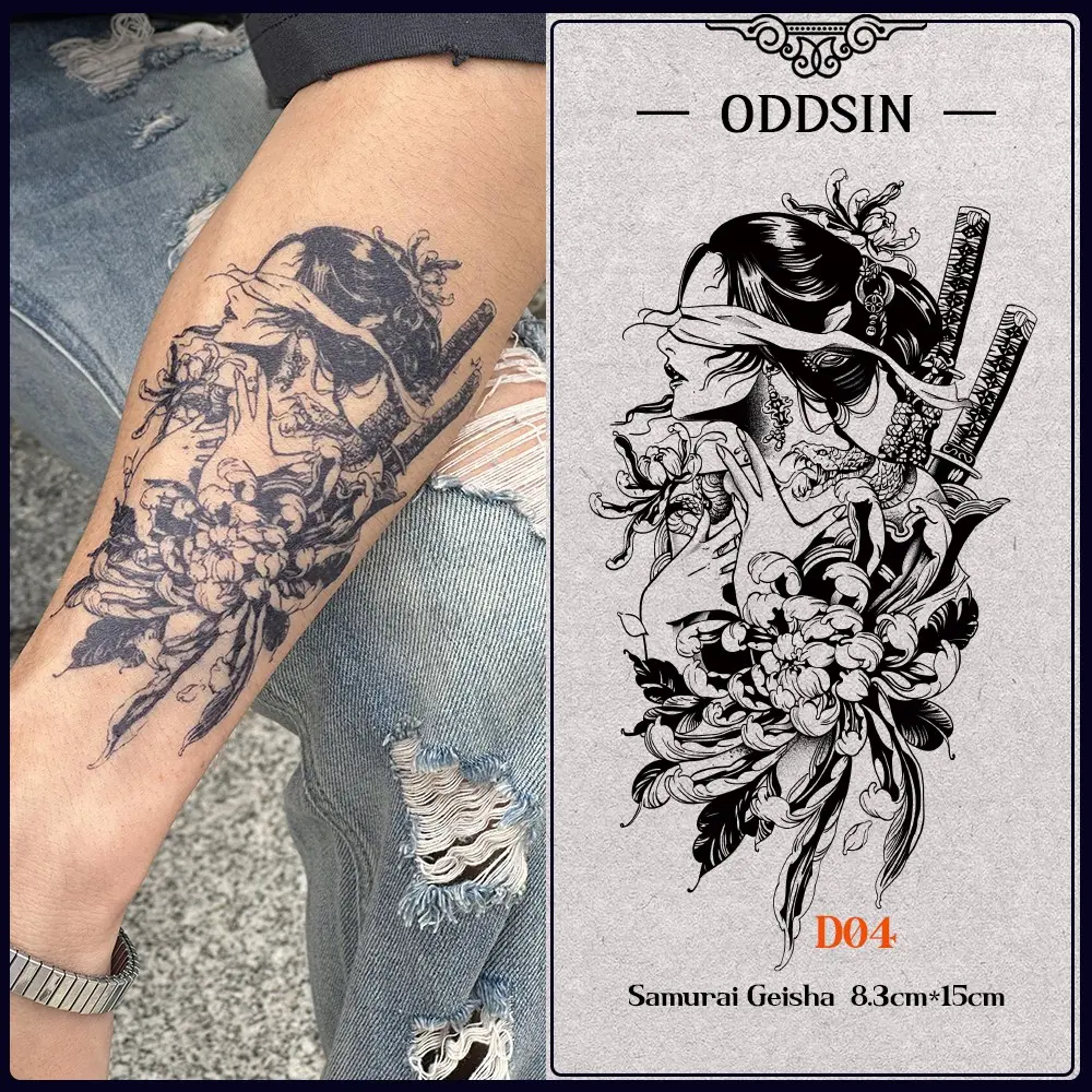 Hình Xăm Tạm Thời Samurai Geisha, Không Thấm Nước Và Lâu Trôi, Dành Cho Cả Nam Và Nữ, Hình Xăm Prajna Trong 7-14 Ngày, Với Màu Sắc Hình Xăm Thực Tế Không Phản Chiếu, {ODDSIN}